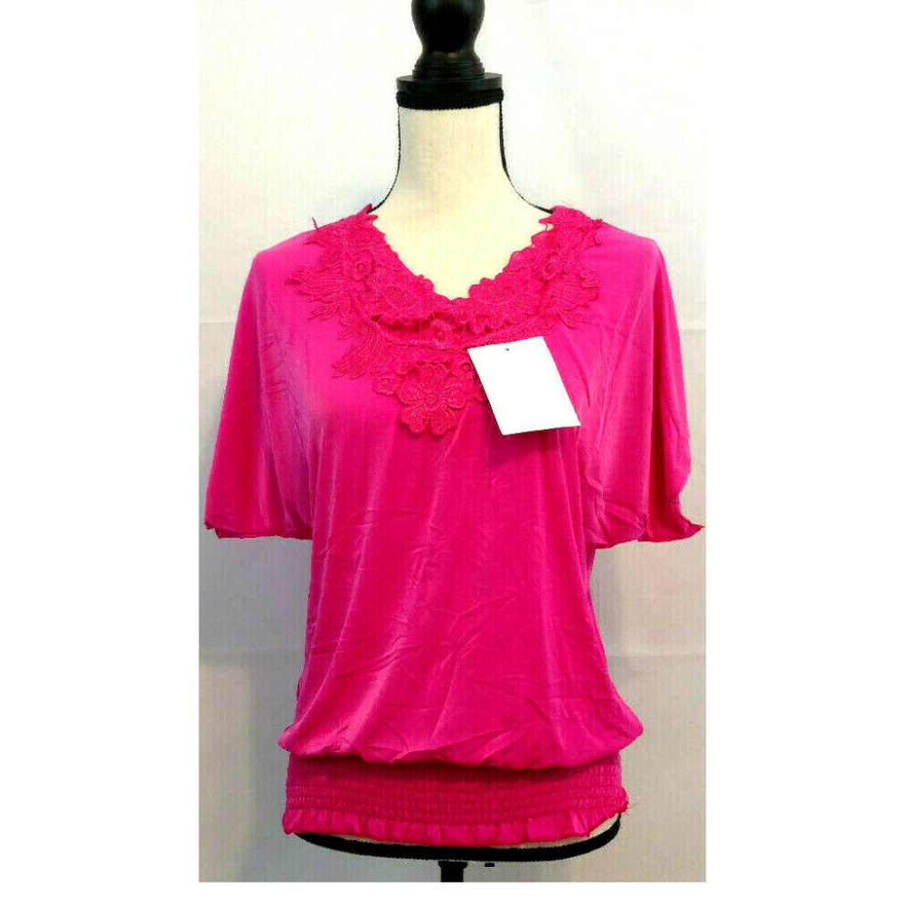 Top Blouse XL 10 12 Dolman Peasant Lace Hot Pink